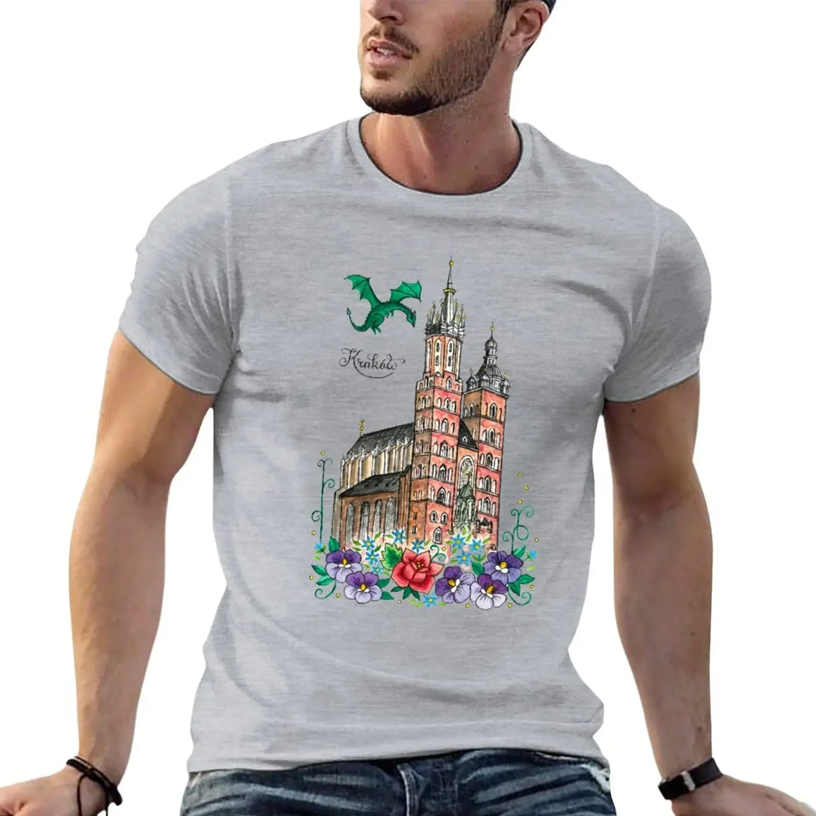 Krakow St. Mary's basilica Watercolor painting T-Shirt blanks customs animal prinfor boys plain black t shirts men