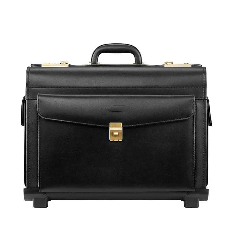 hot sale Cowhide Business Boarding Bag Stewardess Trolley Case Captain Flight Case Luggage 18-Inch Vintage Leather Case