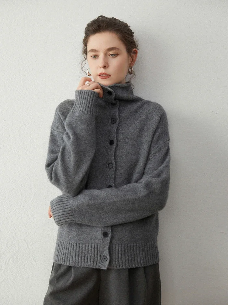Home Daily Womens Sweater 100% Cashmere Sweater Cardigan Autumn Winter Clothes Stand Collar Lapel Cozy Warm Thicked Knitted Coat