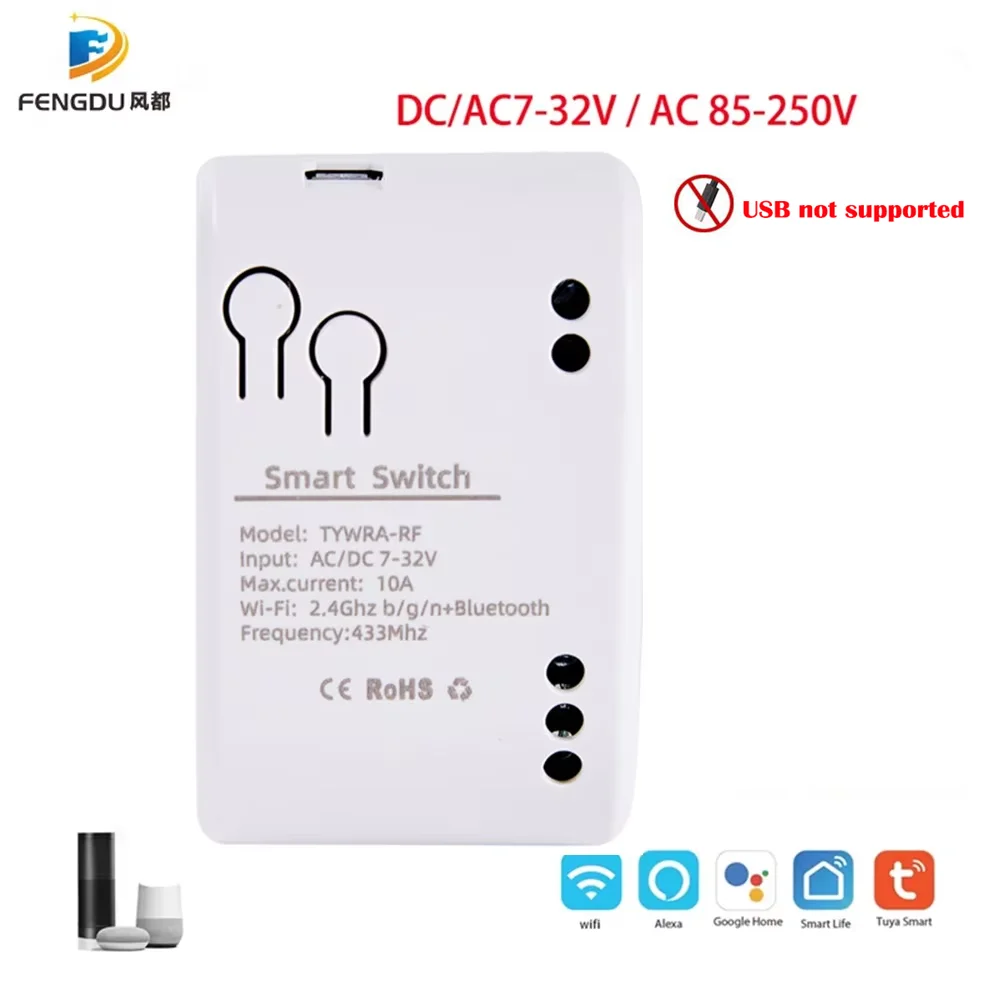 

Умный переключатель Alexa Tuya для умного дома, 1 канал, 2 канала, Wi-Fi, 220 В, 7-32 В, 85-250 В, 10 А, беспроводной релейный модуль, переключатель Tuya