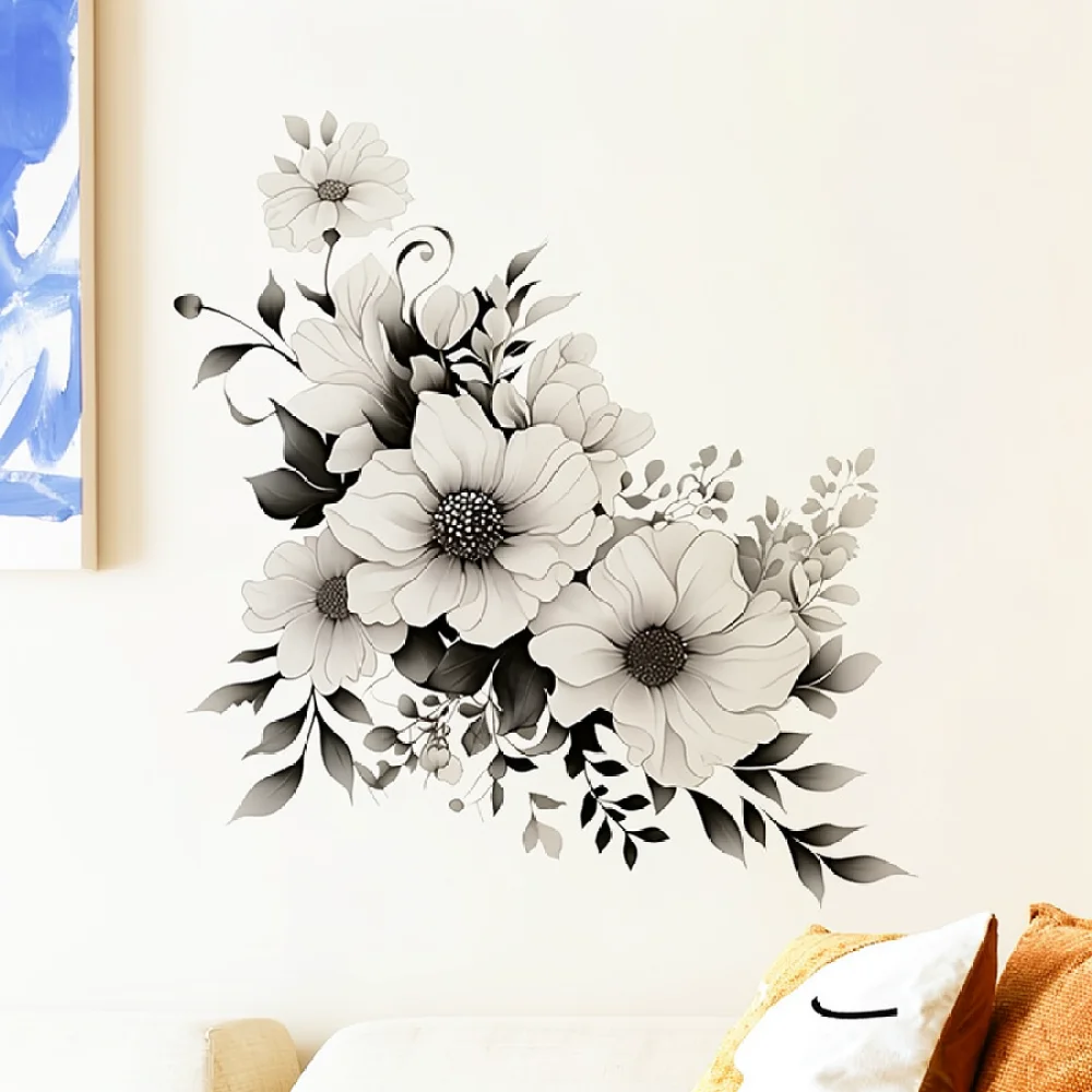 Romantic Flower Wall Sticker Grey White Modern Removable Wallpaper Waterproof Anti Moisture Decor For Bedroom Living Room Wall