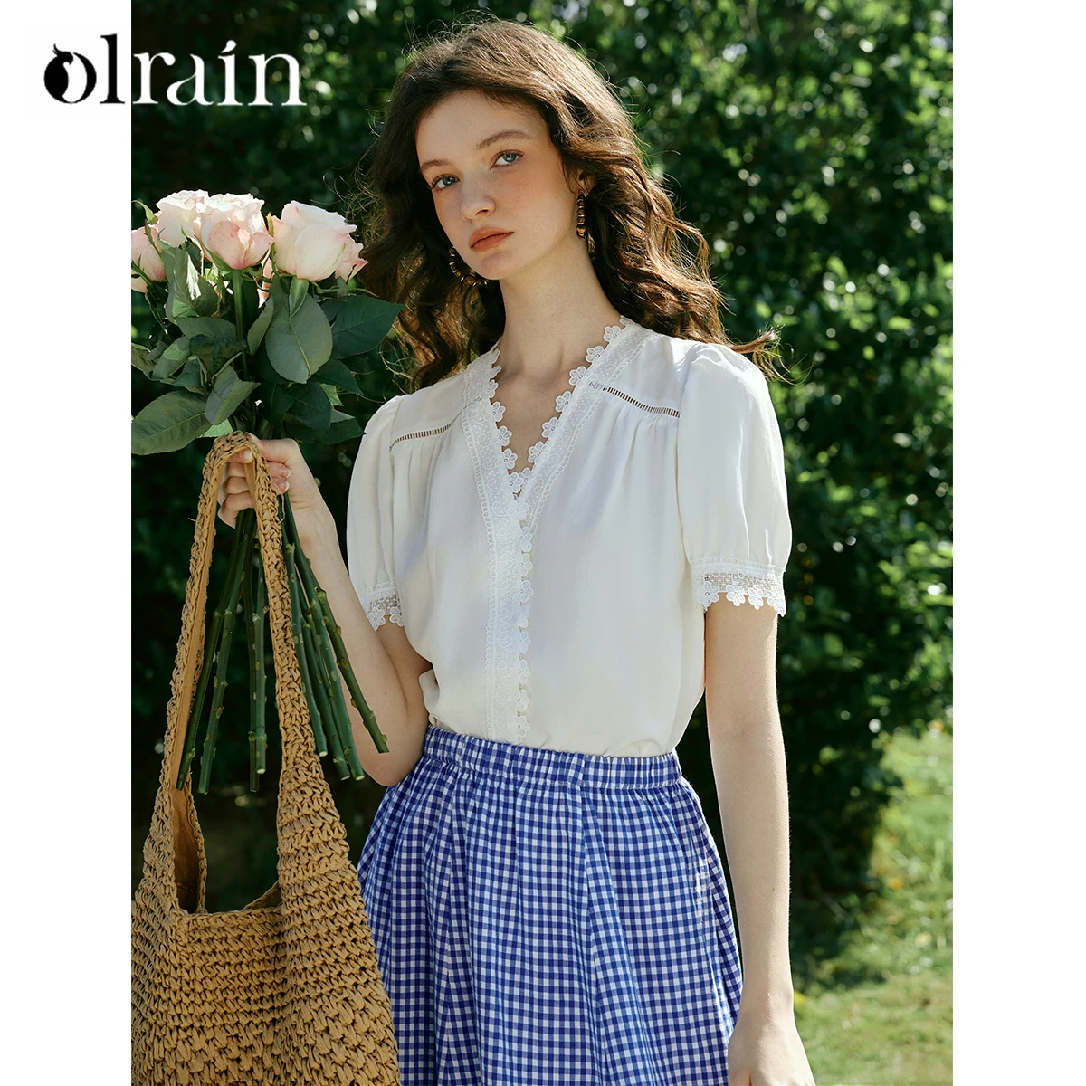 

OLrain Lyocell Women French White Short Puff Sleeve Shirt Summer 2026 New Floral Lace Trim V-neck Casual Blouse O58XC005268