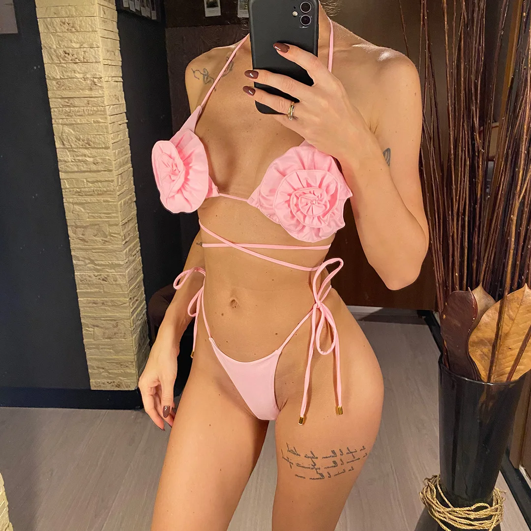 Halter 3D-Blumen Mini Micro Thong Bikini Damen Bademode Zweiteiliger Bikini Badeanzug Badebekleidung V4937 – Detail 4