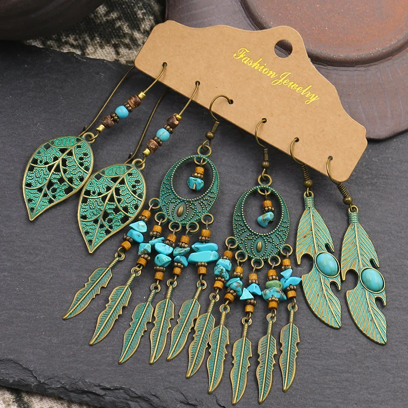 6 women\'s vintage tassel combination earrings set with bohemian style fake earrings