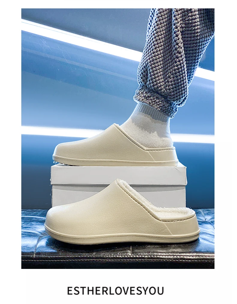 Winter männer Baumwolle Schuhe Anti-slip Weichen Boden Leder Oberfläche Paar Wasserdichte Innen Warme Fleece Bequeme Baumwolle Hausschuhe – Detail 16