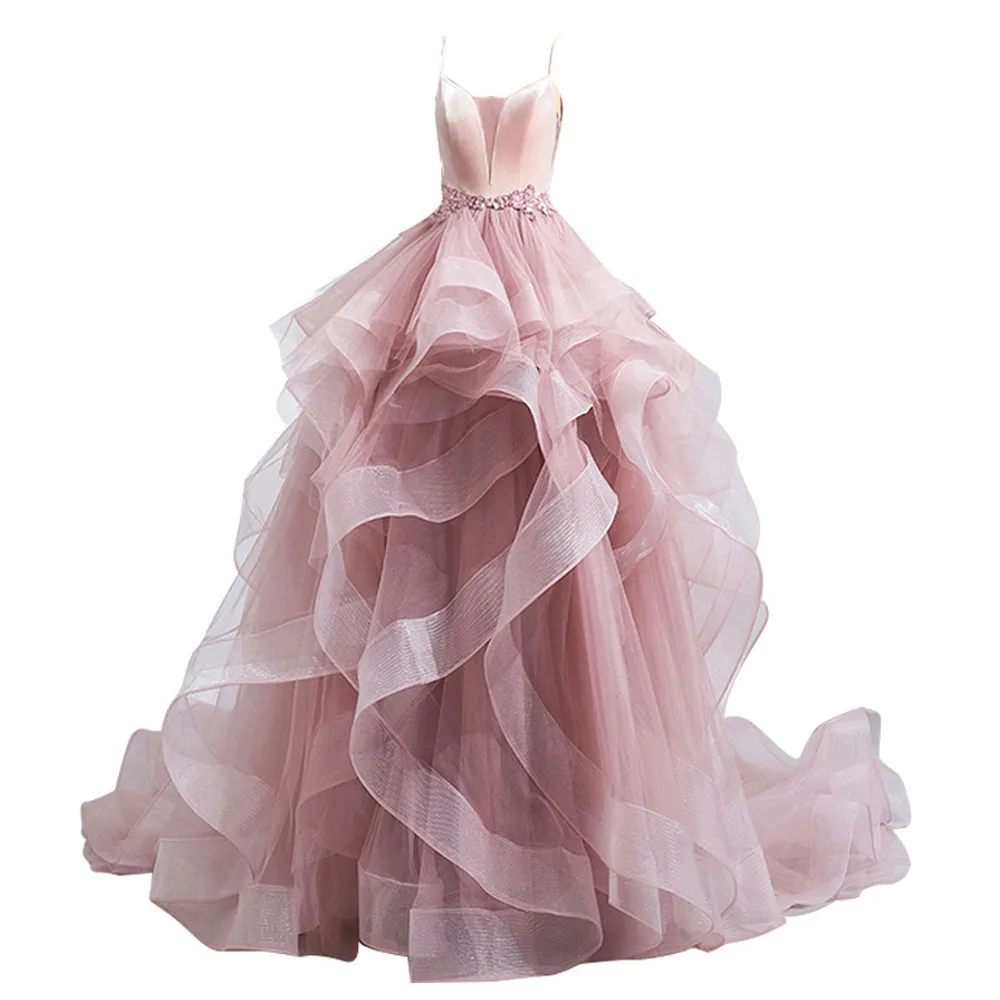 2024 New Pink Long Lady Girl Women Princess Prom Dress Performance Banquet Party Ball Dress Gown Polyester Long Evening Dress