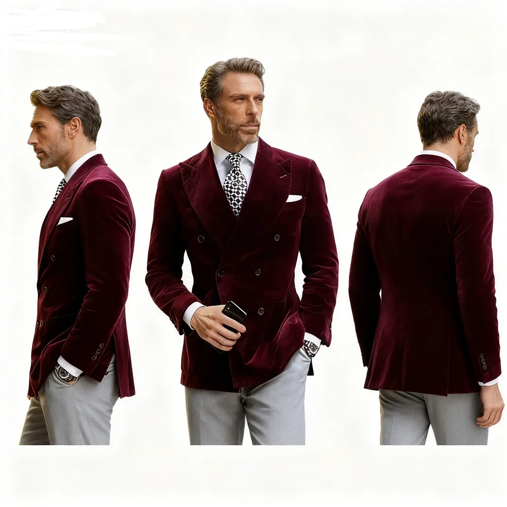 

Men's Velvet Borgonha Blazer with Dinner Jacket Double Breasted Elegant Tuxedo Smoking Coat 2025