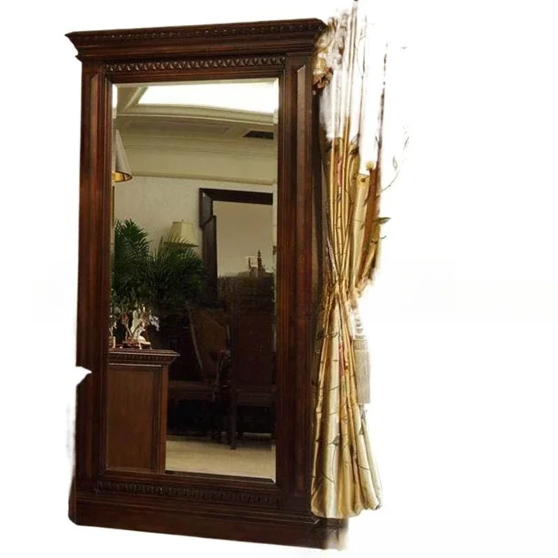 

American solid wood full-length mirror, log carved retro full-length mirror, clothing store fitting mirror floor-to-ceiling