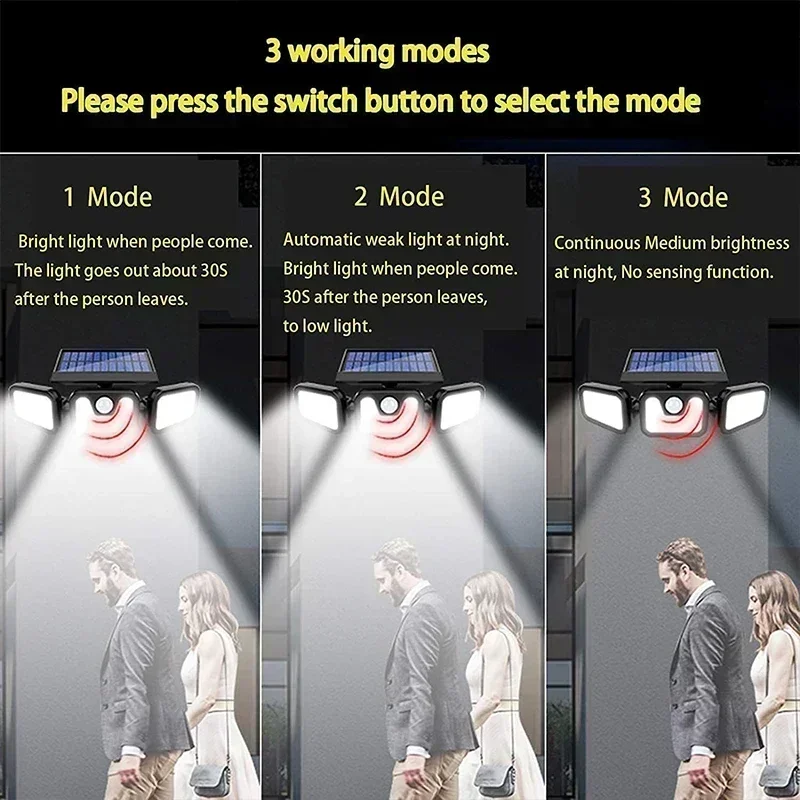 ضوء أمان بالطاقة الشمسية في الهواء الطلق مع مستشعر حركة مقاوم للماء IP65 ضوء الفيضانات الشمسية لإضاءة ساحة جدار الحديقة 3 أوضاع عمل