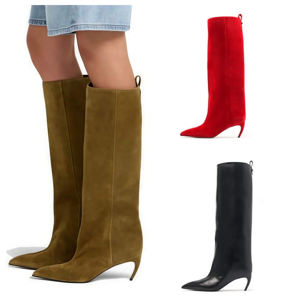 

European and American Suede High-heeled Pointed Straight Boots for Women, Simple Knee Length Sleeve Fashion Banquet Shoes