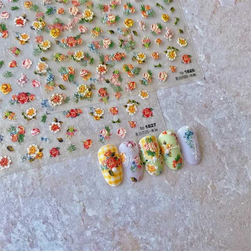 Oil Painting Flower Vintage Garden Retro 80s Nail Stickers Bright Rococo Maximalism Nail Art Gorgeous French Nail Accessories