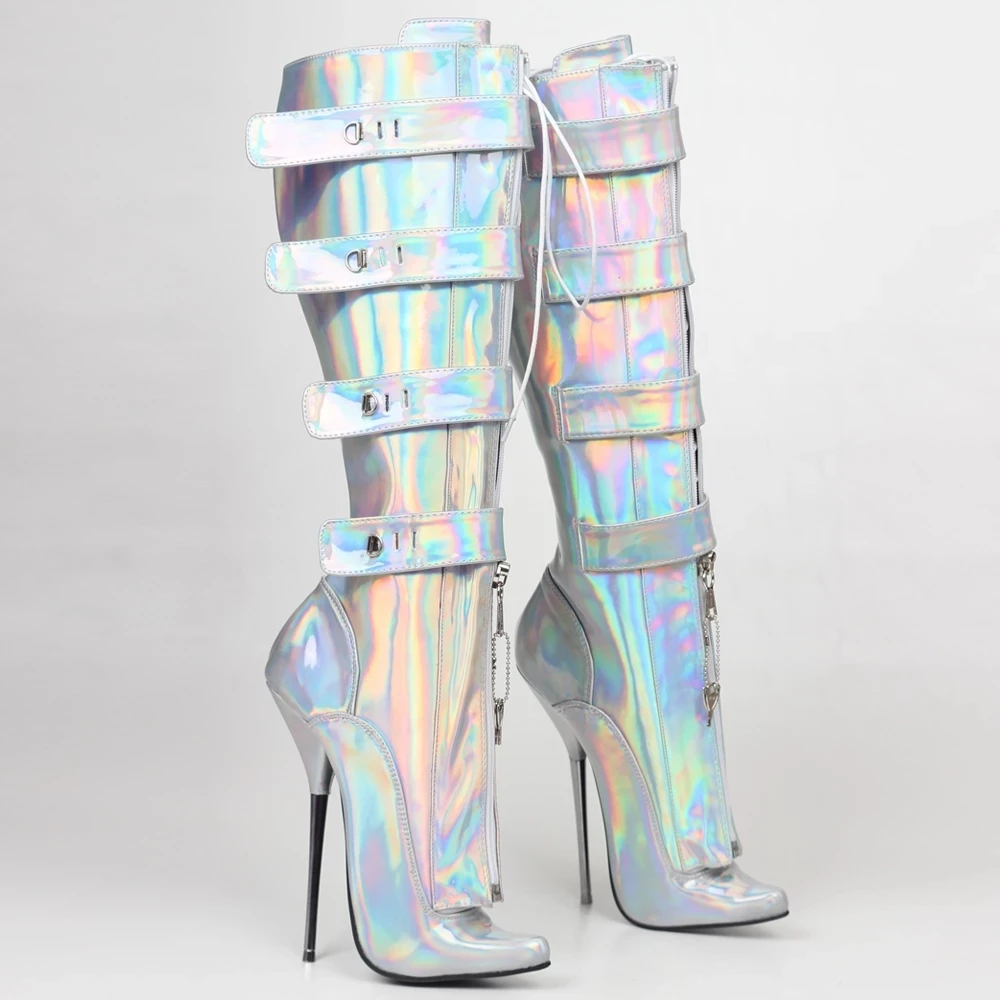 18cm Metal Heel,Knee High Ballet Boots,Women Long Botas,Fetish Unisex Pole Dancing Shoes,Laser Lllusions  Silver,Custom Color