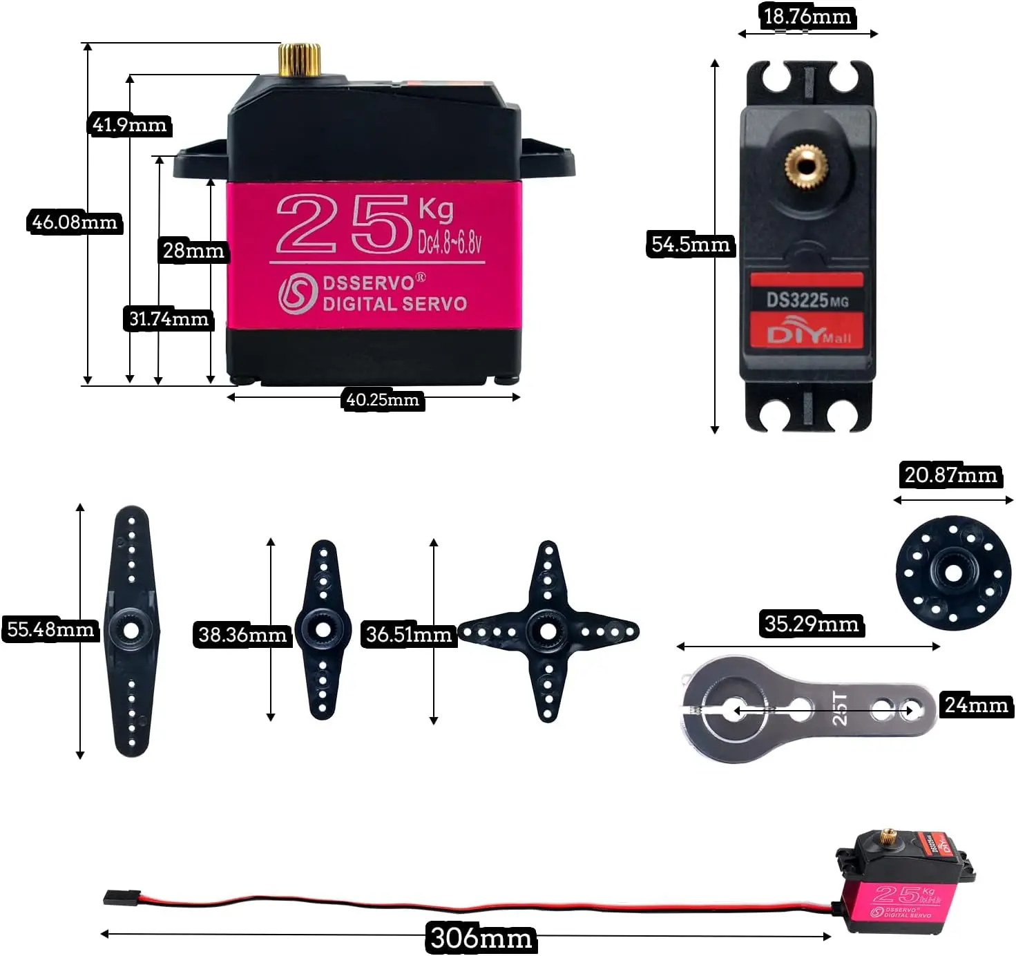 4PCS DS3225 25kg High Torque RC Servo Full Metal Gear 6V Digital Servo Motor 25T Arm Servos Horn for DIY Baja RC Cars Control