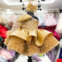 Luxury Sequin Princess Party Dress  sleeved New Fashion Luxury One Shoulder Fluffy Carnival Lace Birthday Children Clothes