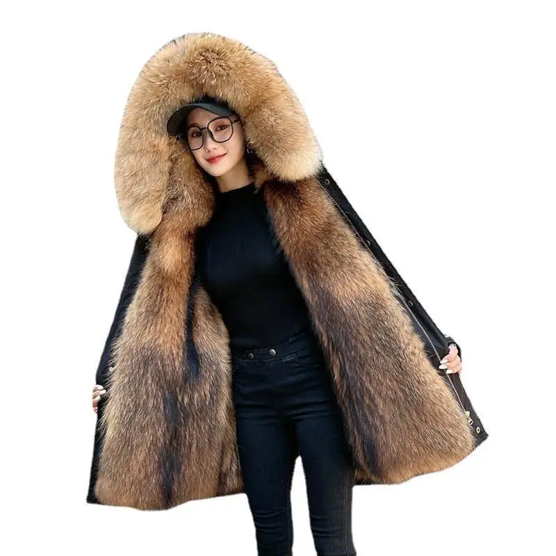 Pie Over-Manteau mi-long en fourrure de raton laveur pour femme avec poignées amovibles, doublure haut de gamme, nouveau, hiver, 2022