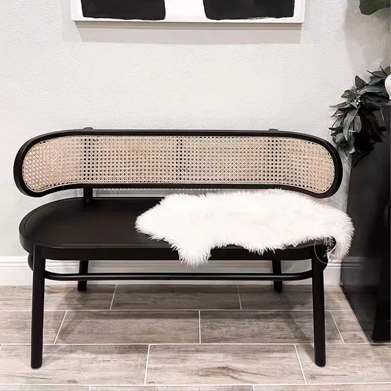 Indoor Leisure Bench Rattan, Walnut Wood Chair Double Chair Cafe Hotel Triple Bench Furniture