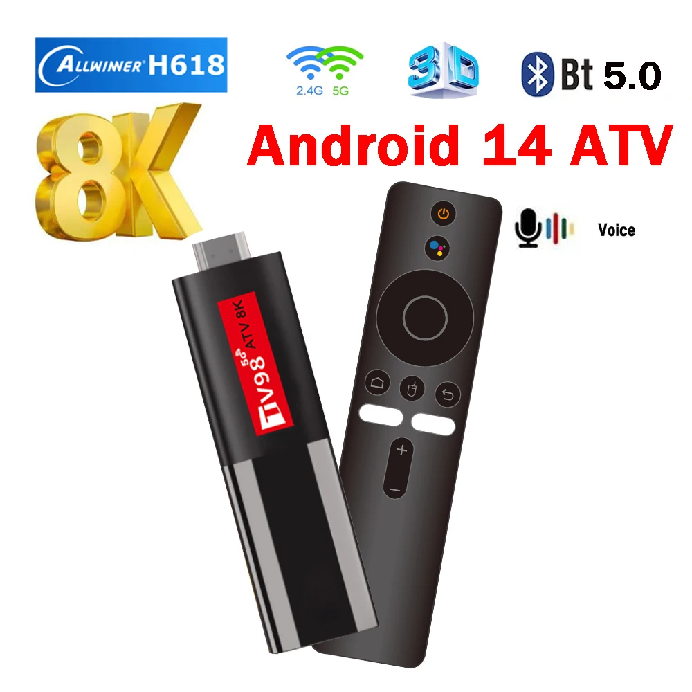 

TV98 ATV 8K Smart TV Stick Android 14 ATV Allwinner H618 4G 5G Wifi Support OTA 8K HD Player BT5.0 2GB 16GB Voice remote TV Box