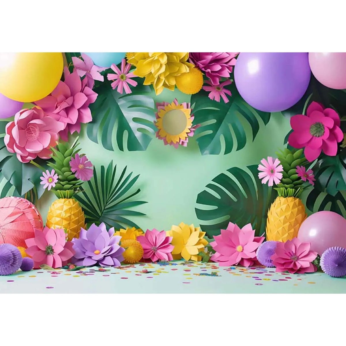 

Allenjoy Hawaii Tropical Paper Leaves & Flowers Balloons Backdrop