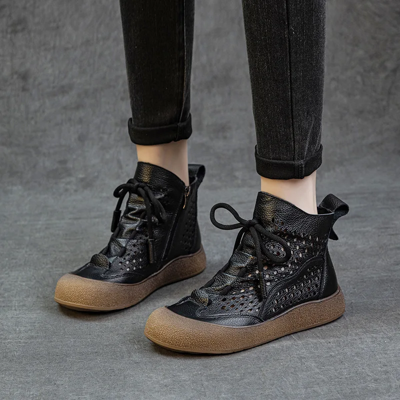 Top Layer Cowhide Women's Sandals Spring and Summer New Hollow Out Women's Hiking Shoes Soft Sole Breathable Casual Short Boots