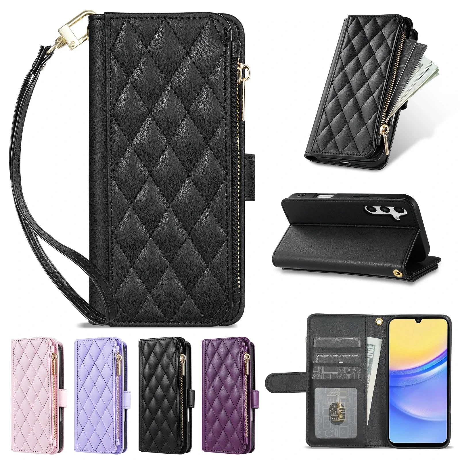 Brieftaschen-Lederhülle mit Reißverschluss, Kartenfächern, Ständer und Magnetverschluss für Samsung Galaxy S26 Ultra S25 Plus S24 FE S23 S22 – Detail 5
