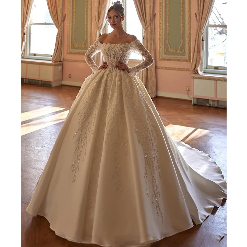 Elegantes Hochzeitskleid aus Taft mit Perlenstickerei, Satin-Ballkleid, U-Boot-Ausschnitt, volle Ärmel, Brautkleid, maßgeschneidert, Vestido De Novia, Spitzenrobe