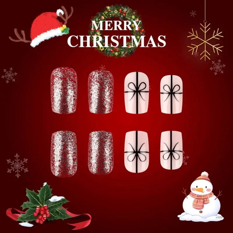 24 Pcs Winter Artificial Nail Christmas Full Cover False Nail Christmas Ribbons Stick on Nail Short Press On Nail