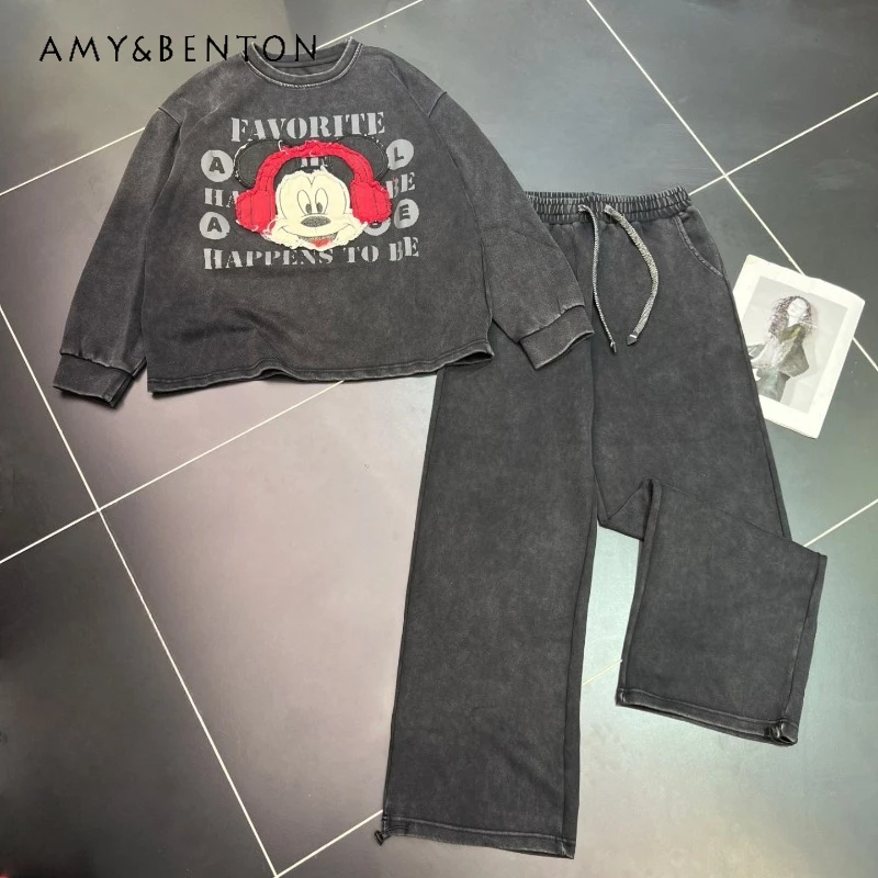 

2025 Autumn New American Retro Cartoon Casual Top Hoodies And Sweatpants Set Ladies Loose Slimming High Street Two-Piece Suit