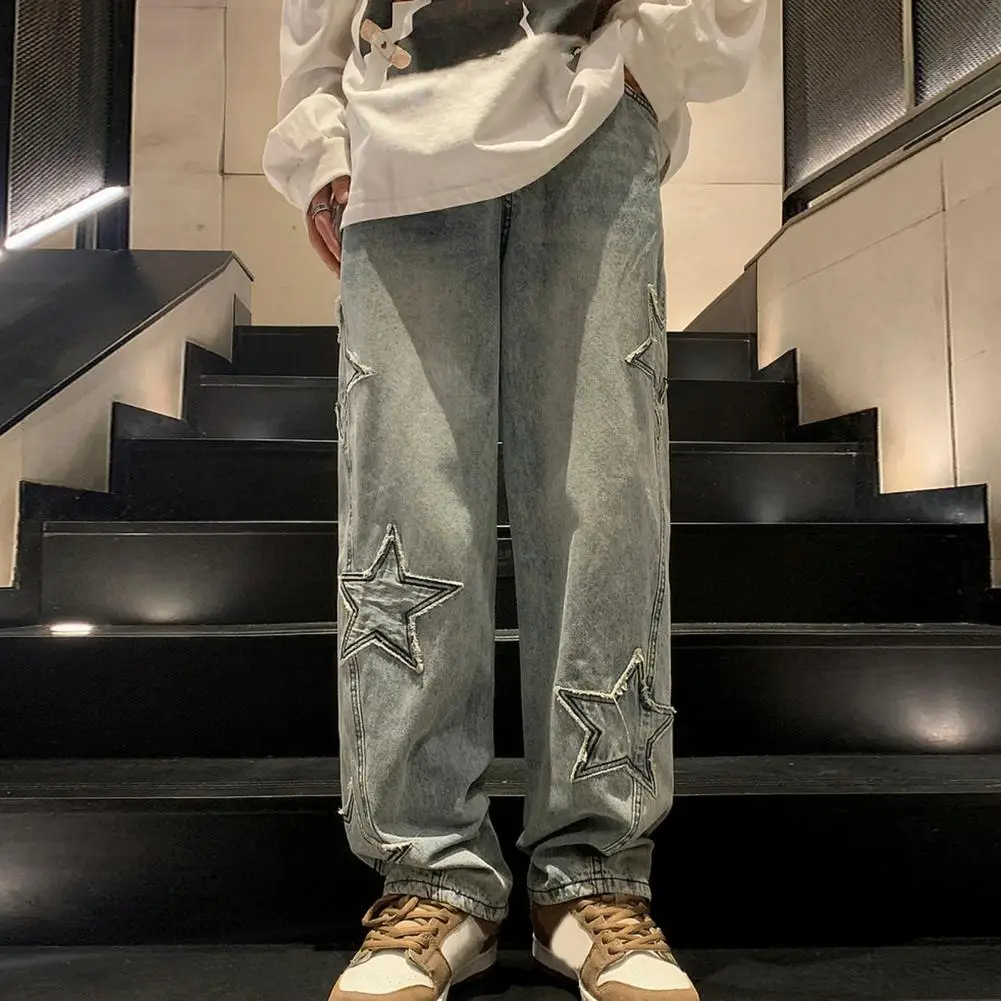 

Retro Style Jeans Men's Oversize Star Aesthetic Denim Pants Wide Leg Jeans for High Street Fashion Korean Vintage for Women