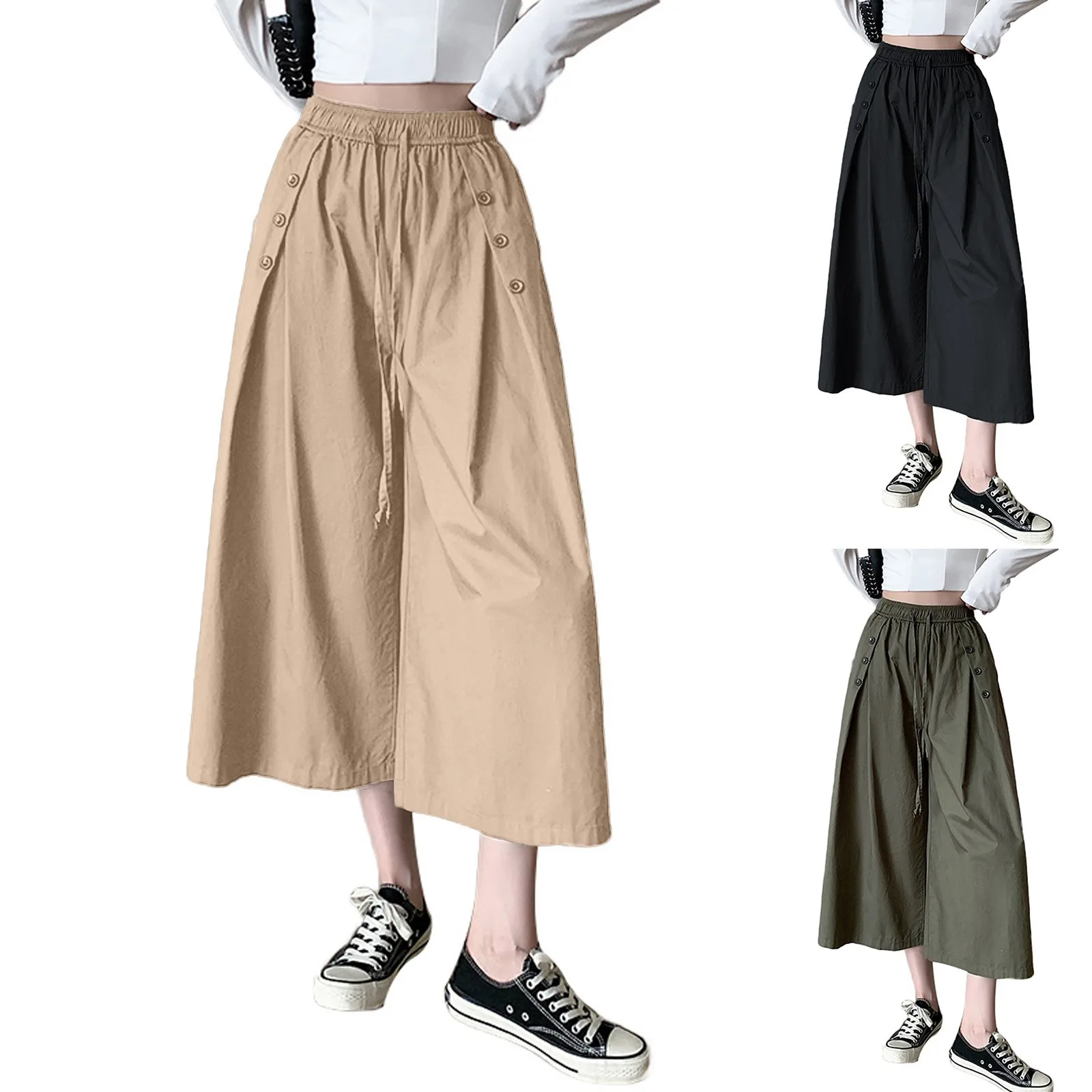 Wide Leg Croppred Pants For Women Solid Color Loose High Waist Drawstring Pants Skirt Design Layered 2024 Summer New Pants