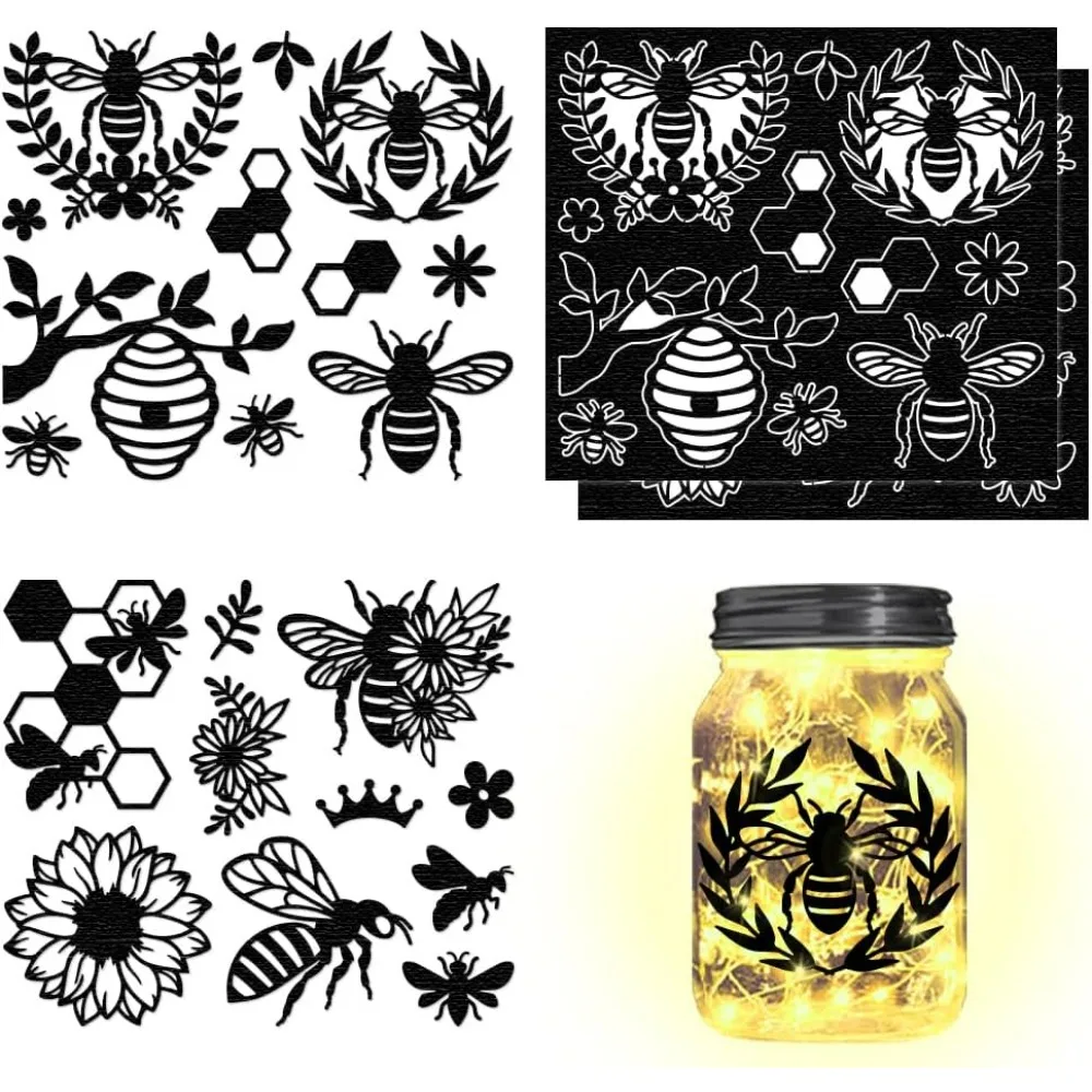 4Pcs Bee Silhouettes Laser Cutouts Decals Flower Mason Jar Cutouts Ornaments Silhouettes Cutouts Scrapbook for Jars Wall