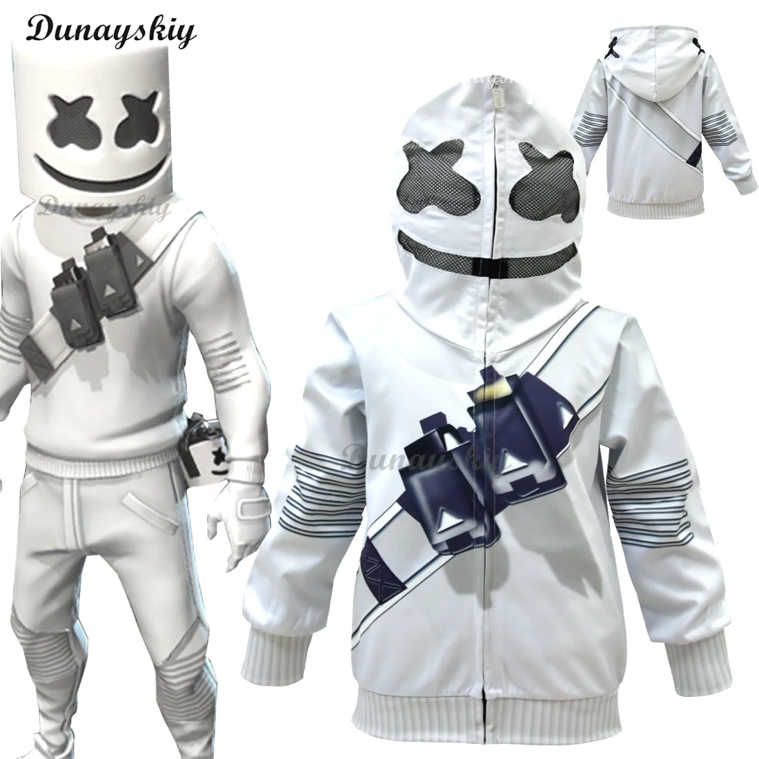 مجموعة أزياء مغنية الصوت الإلكترونية DJ Marshmello Fortnite للفتيات والأولاد والهالوين وأعياد الميلاد والحفلات التنكرية