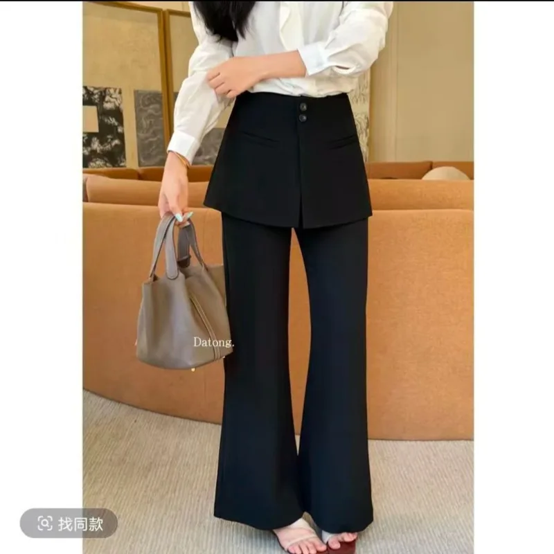 

New Casual Flare Skirt Pants Women Fashion Retro Summer Slim High Waist Office Lady Elegant Trousers Fake 2 Piece Set