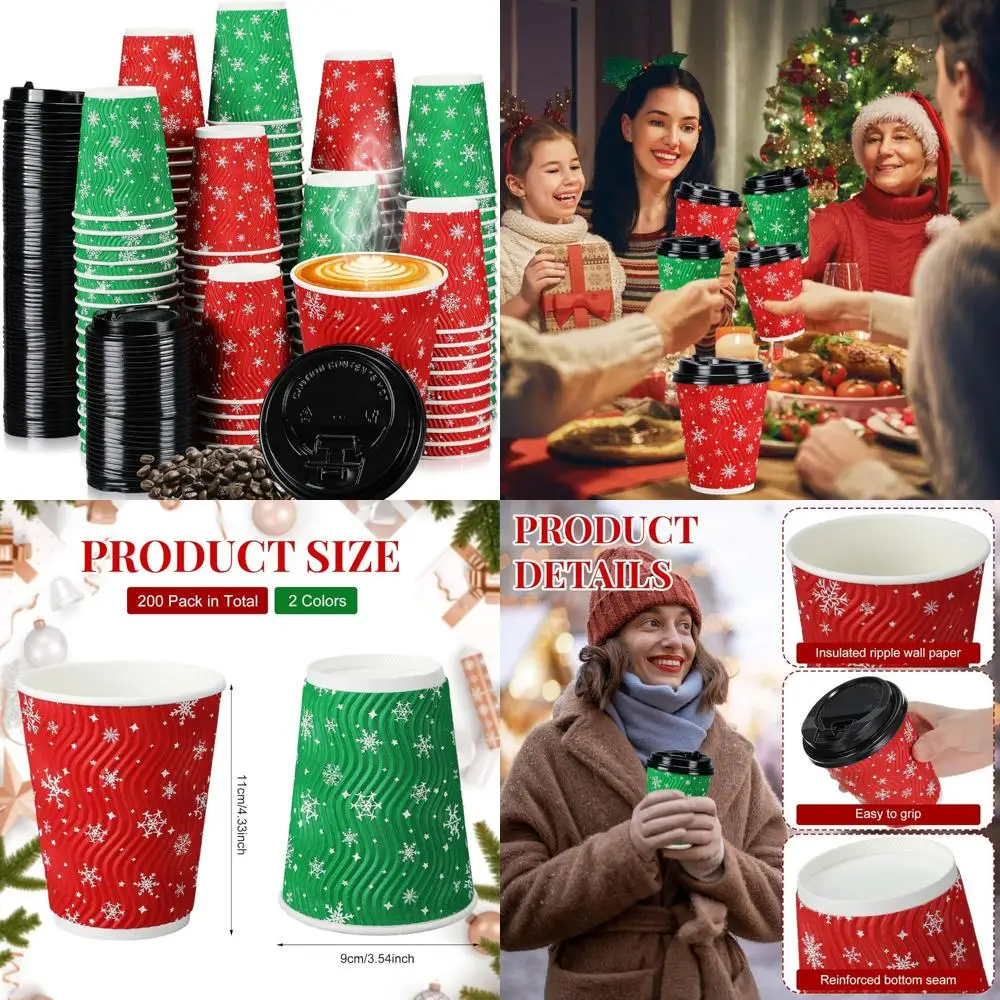 

Christmas 12 oz Disposable Snowflake Paper Coffee Cups with Lids, Large Hot Beverage Cups for Warm Winter Drinks