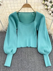 New Solid Square Neck Pullover Sweater Casual Lantern Sleeve Slim Sweater For Spring & Fall Cr Top Women's Clothing