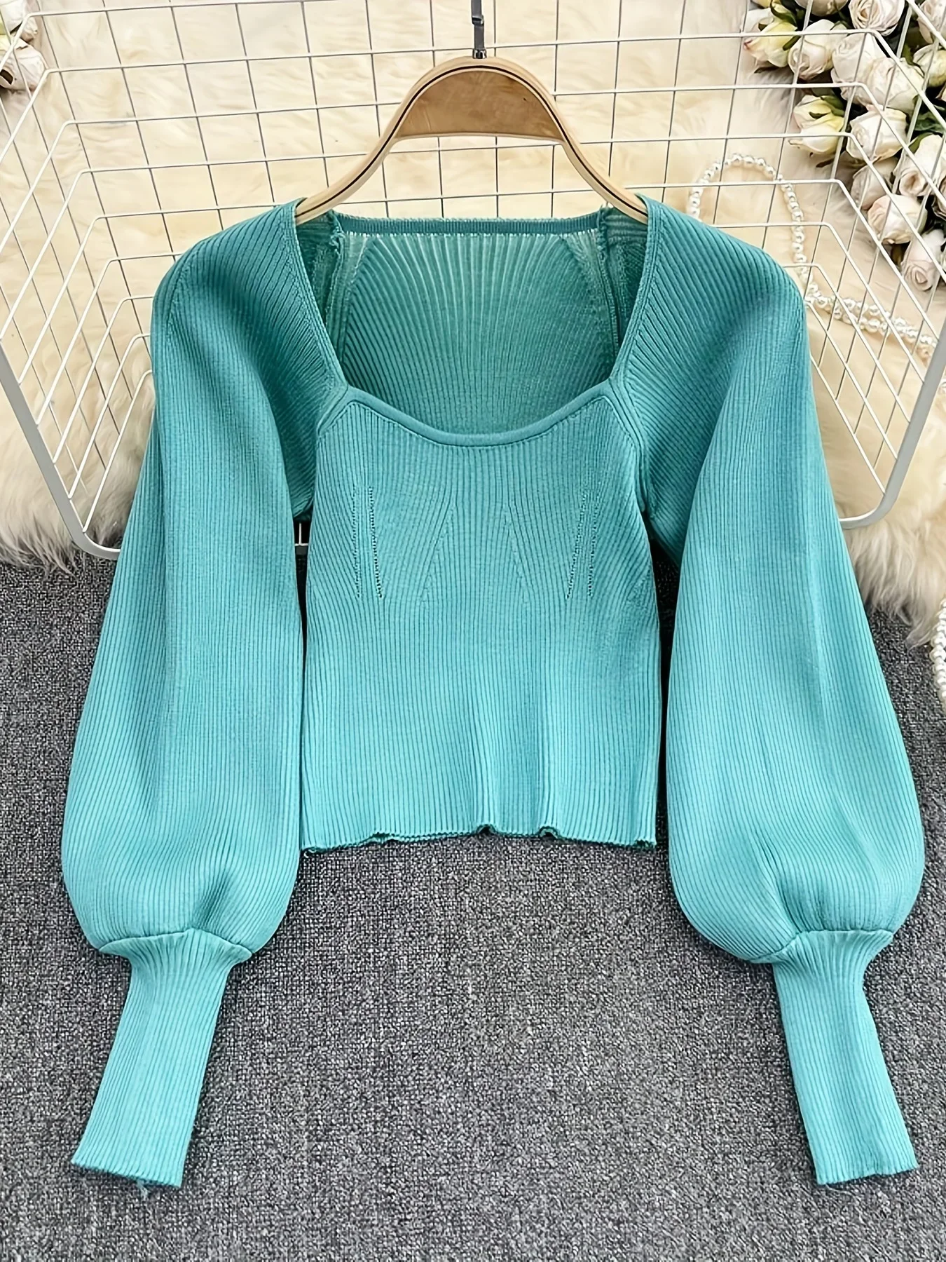 New Solid Square Neck Pullover Sweater Casual Lantern Sleeve Slim Sweater For Spring & Fall Cr Top Women's Clothing