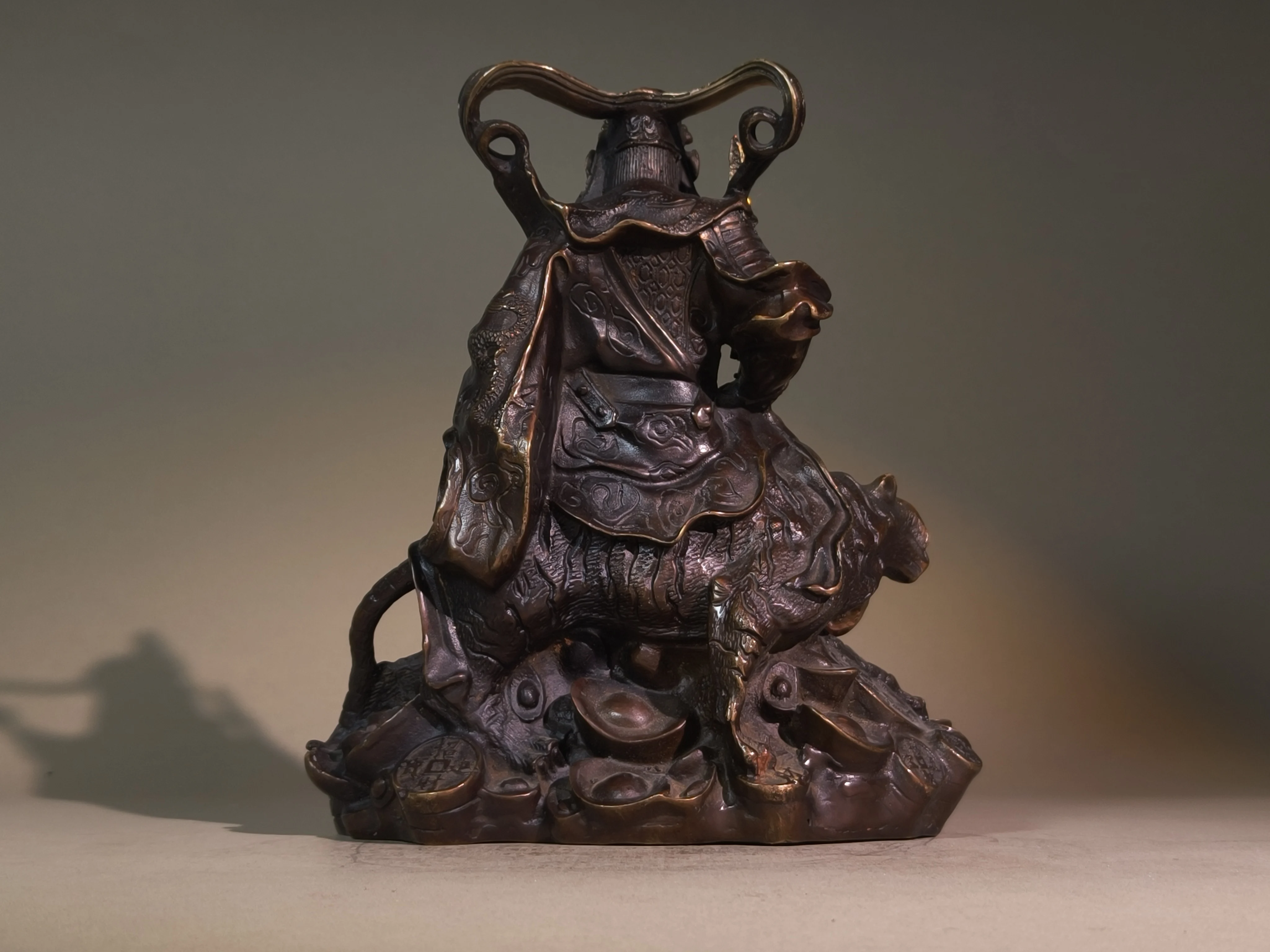 Vintage Gilt Bronze Statue of Zhao Gongming, God of Wealth (Martial God of Wealth) – Desktop Ornament for Home & Office Worship,