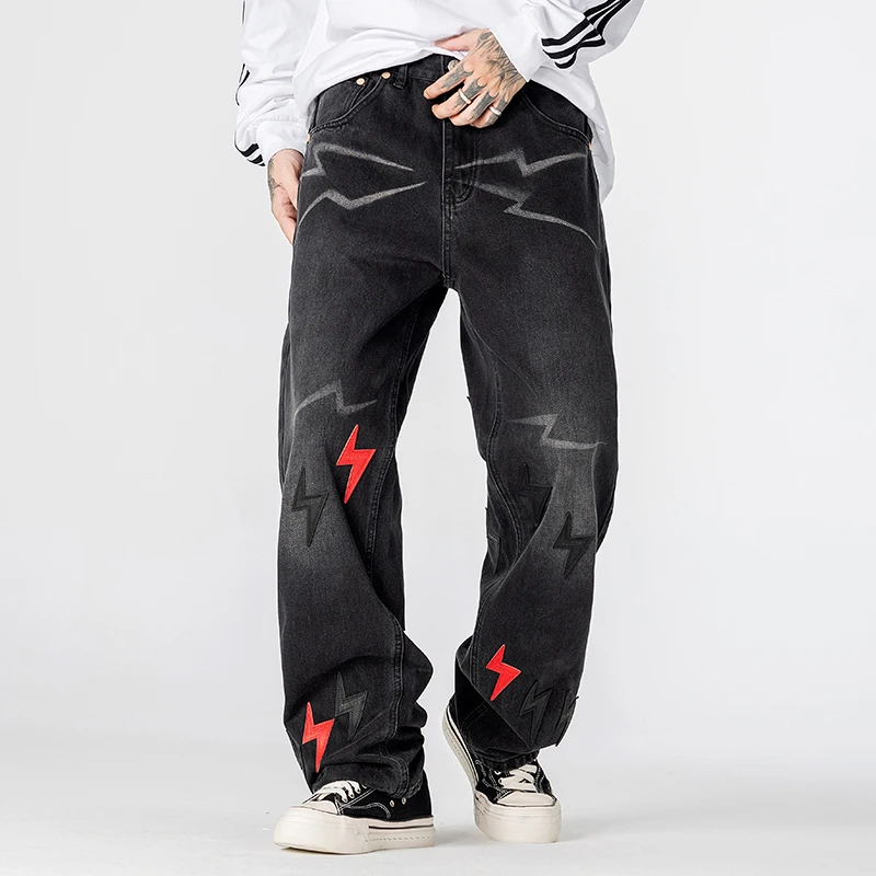 

Men's Streetwear Loose Straight Leg Jeans American Lightning Print Casual Versatile Trendy Pants