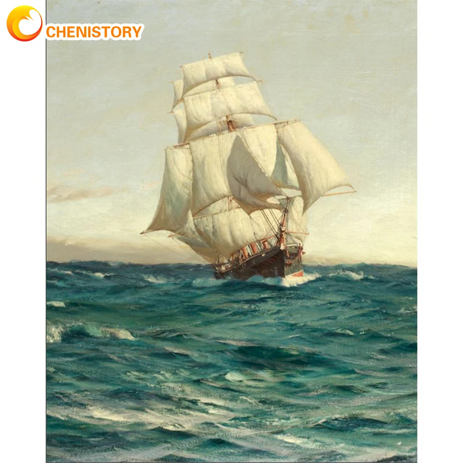 CHENISTORY 60x75cm Oil Painting By Numbers Sea Sailboat Pictures Acrylics Kits HandPainted Painting On Canvas For Home Decor Gif