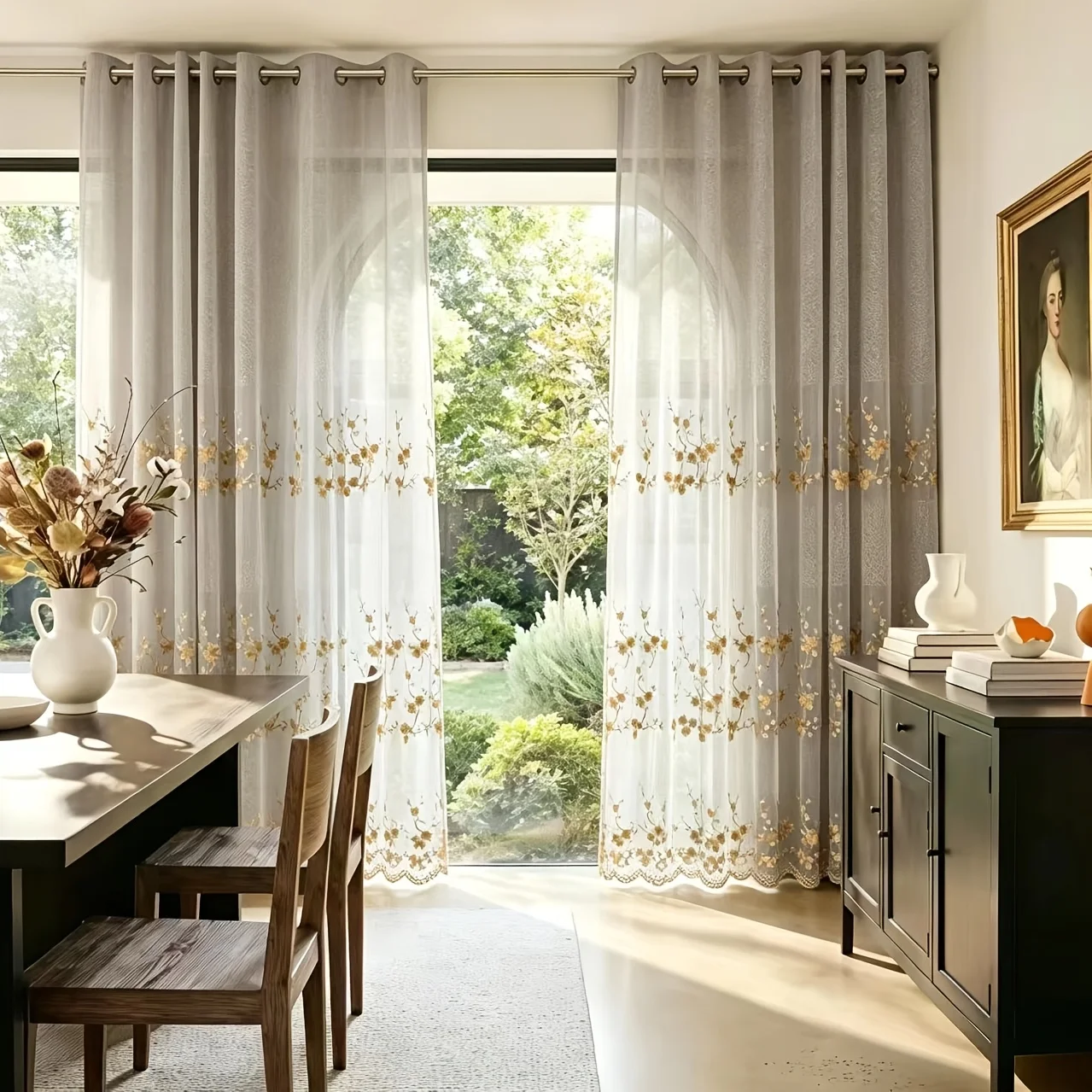 1PC French-style light luxury light gray gold plum embroidery sheer curtain, ring hanging, suitable for living room, bedroom, ba