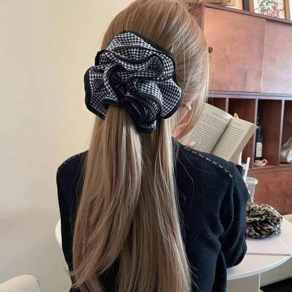 

1 шт., модная ретро-синяя клетчатая большая резинка для волос, милая плиссированная повязка для волос с большим цветком, резинка для волос для женщин и девочек, аксессуары для волос