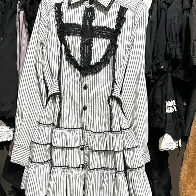 โกธิคลายชุดผู้หญิงวินเทจลูกไม้เย็บปะติดปะต่อแขนยาวชุดญี่ปุ่นหวานกระโหลกสไตล์ลูกไม้ขึ้นสายเสื้อVestidos