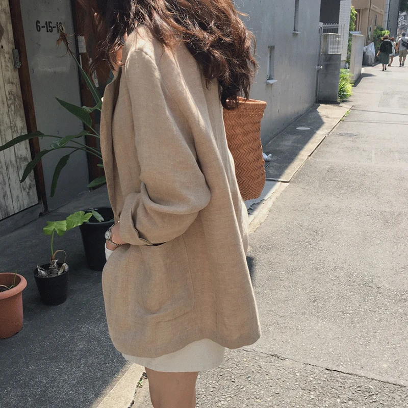 Short Cotton Linen Suit Jacket Women Spring Autumn Lightweight Loose Casual Style Button up Long Sleeve Pure Color Commute