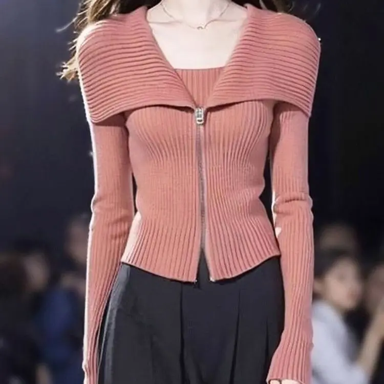 

Autumn French Zipper Polo Neck Knitted Sweater Women Slim Fit Long Sleeve Base Shirt Design Sense Super Good Looking Top E11490