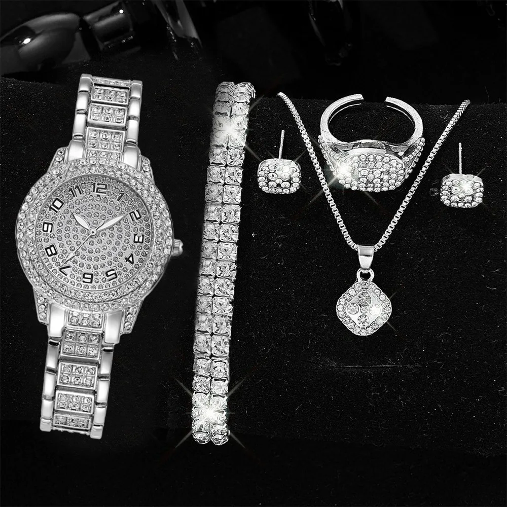 Luxury Women Quartz Watch with Diamonds Simple Stainless Steel Strap Clock Ring Necklace Earrings Rhinestone Set Reloj (no Box)