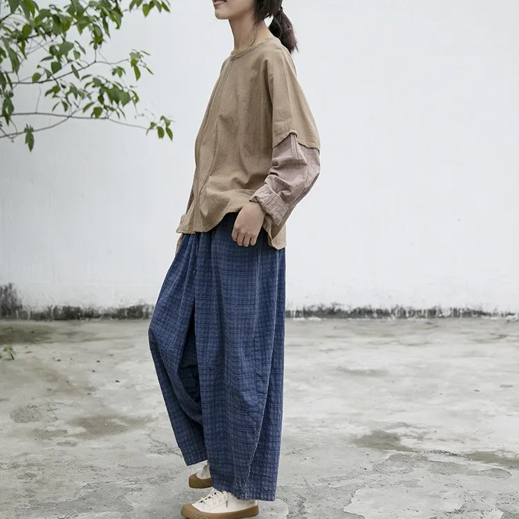 

Linen long-sleeved cotton and linen loose women's small V-neck T-shirt simple and comfortable khaki sleeve top fashionable and c