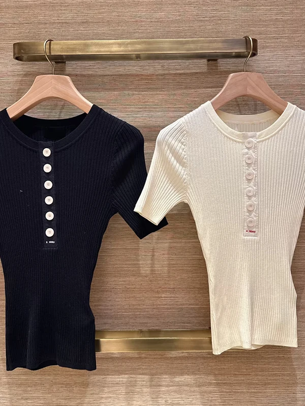 

Slim Fit round Neck Knitted Sweater Women's New Style Early Autumn Pure Color Ribbed Collar Button Overhead Short Sleeve Top