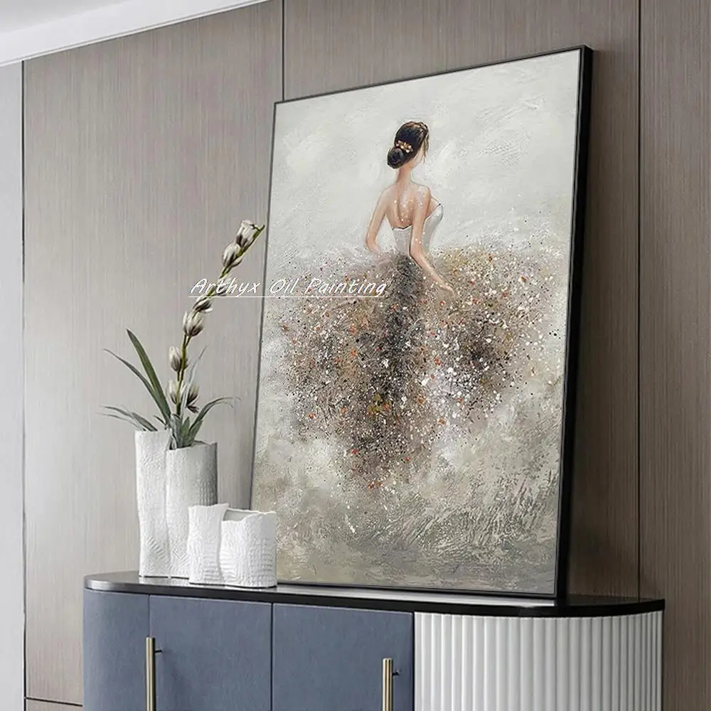 Arthyx Large Abstract Figure Oil Paintings On Canvas,Handmade Long Skirt Girl Picture Modern Wall Art For Living Room,Home Decor