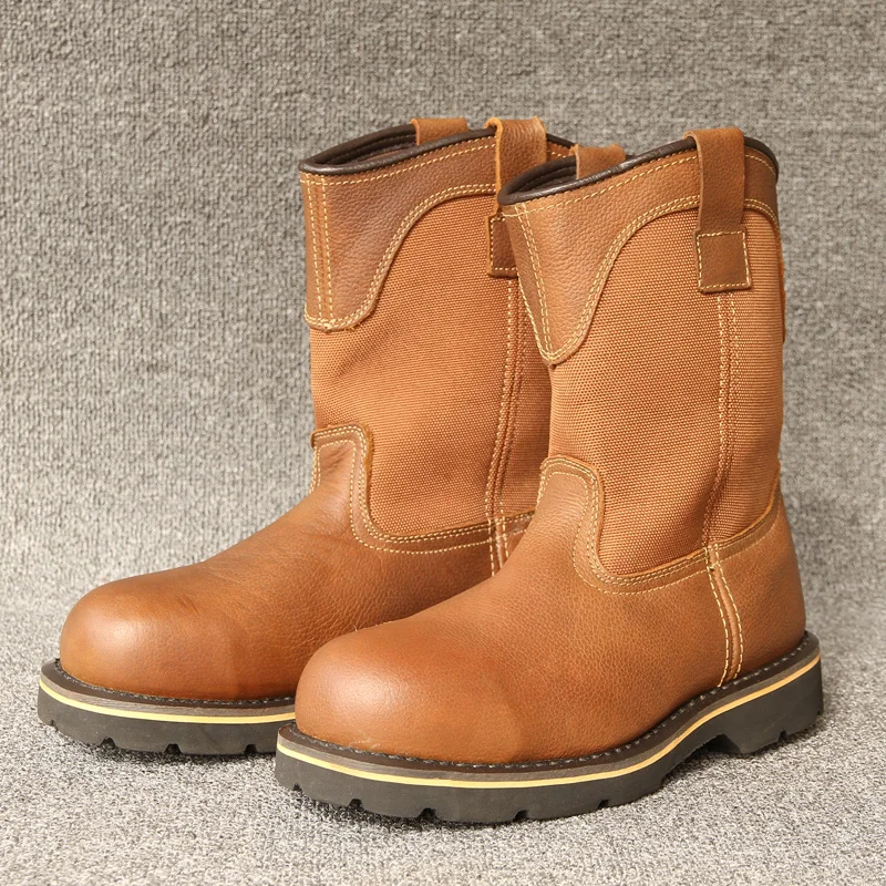 

Ковбойские сапоги из натуральной кожи, рабочие ботинки с высоким берцем и стальным носком, водонепроницаемые, винтажные мужские морские ботинки с защитой от кругов