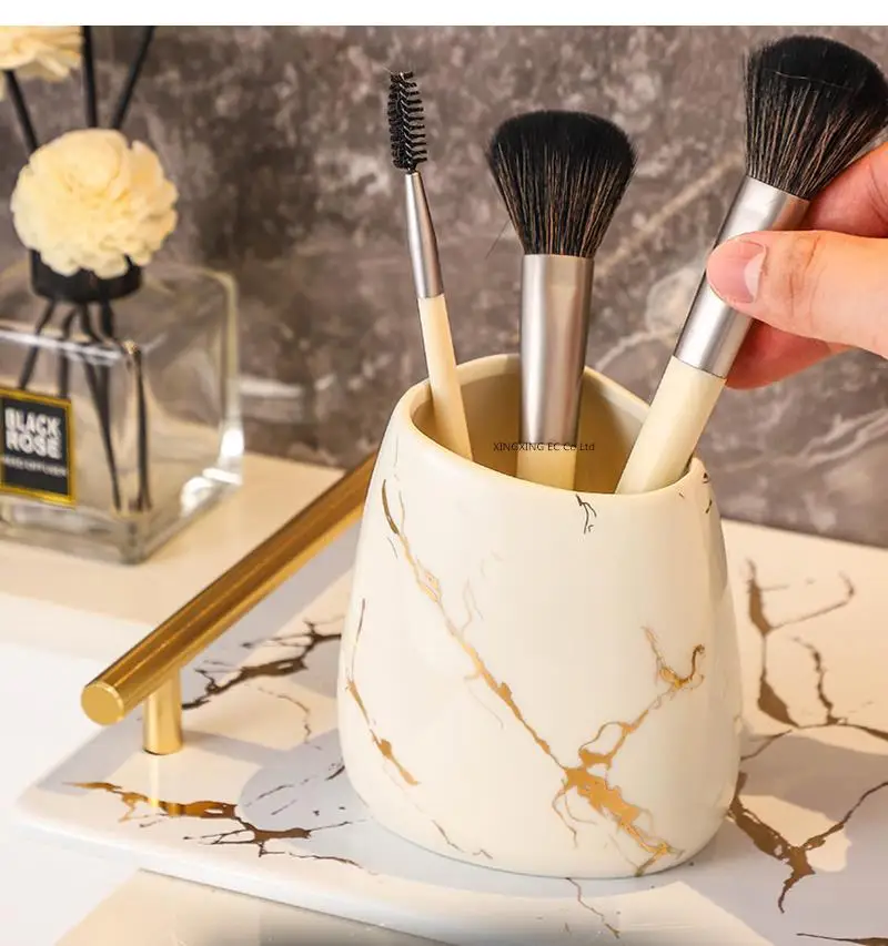 Platinum Marble Texture Bathroom Decoration Accessories Toothbrush Holder Toothpaste Dispenser Soap Dish Storage Tray