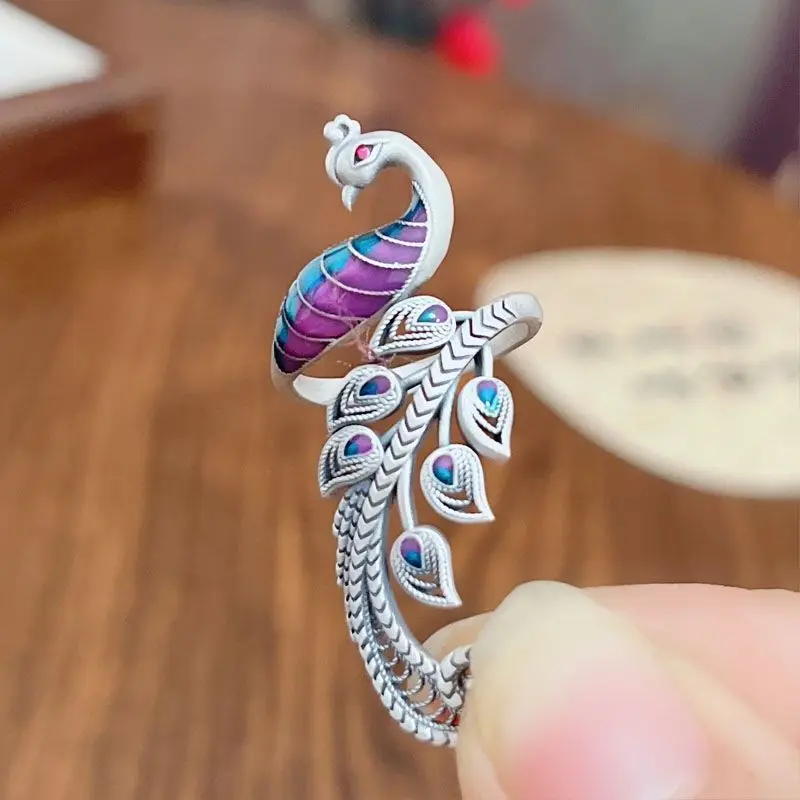 

Enamel Phoenix Ring for Women, niche new Chinese retro ethnic style artistic silver plated adjustable ring